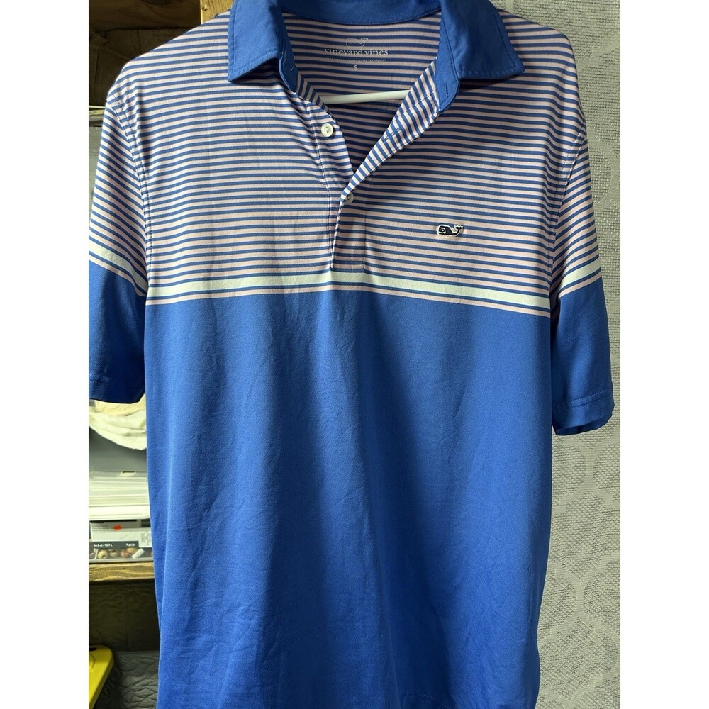 Vineyard Vines Men's Striped Stretch Polo Shirt Blue Pink Whale Logo Size S